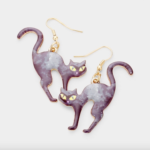 Ornamental Stone Jewelry - Black Cat Halloween Themed Dangle Enamel Earrings